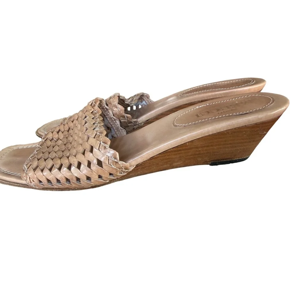 Sesto Meucci Womens Tan Woven Leather Wood Wedge Sandals Made in Italy Size 9